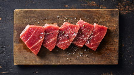 A high-resolution image of fresh tuna steaks displayed on a clean cutting board, ready for grilling or searing, with a sprinkle of salt and pepper.の素材