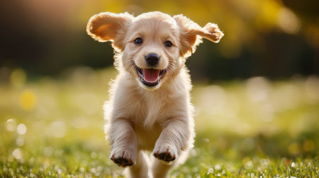 A high-resolution image of a playful puppy running joyfully through a sunny park, with its ears flapping and a happy expression on its face.の素材