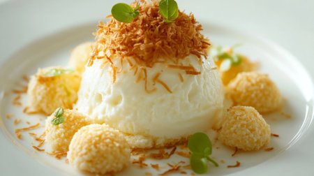 A high-resolution image of a tropical coconut dessert, such as coconut panna cotta or coconut macaroons, beautifully plated and garnished, set against a clean background.の素材