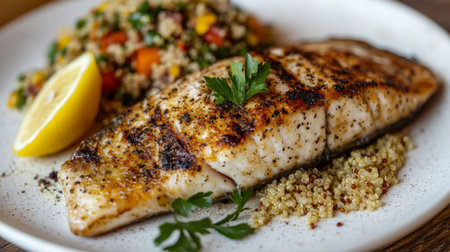 A high-resolution image of a deliciously grilled fish steak with crispy skin, served with a side of quinoa salad and a wedge of lemon on a white plate.の素材