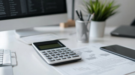 A modern calculator with a minimalist design placed on a sleek, white desk with a financial document and a smartphone, showcasing a clean and efficient workspace.の素材