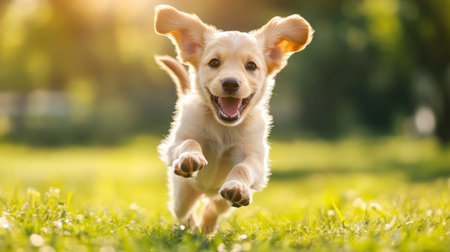 A high-resolution image of a playful puppy running joyfully through a sunny park, with its ears flapping and a happy expression on its face.の素材