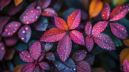 A macro shot of a cluster of leaves with dew drops on a wet garden bed, emphasizing the freshness and vibrancy of the garden foliage.の素材