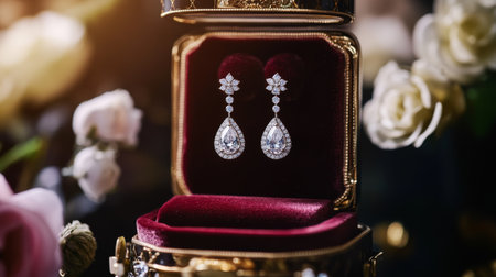 A high-resolution image of a pair of sophisticated diamond drop earrings hanging from a luxurious velvet jewelry box, with a focus on their intricate design.の素材