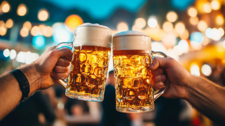 A pair of hands clinking beer mugs together in a celebratory gesture, with a blurred background of a lively party or festival scene.の素材
