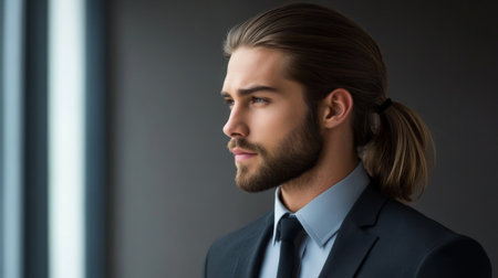 A man with long, straight hair tied into a sleek ponytail, standing confidently in a professional or business environment.の素材