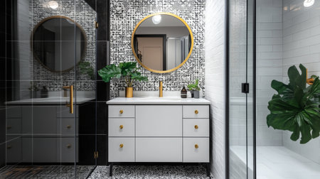 A modern bathroom with a glass shower, sleek vanity, and round mirror. Black and white tiles give the space a contemporary look, while the gold accents add a touch of luxury.の素材