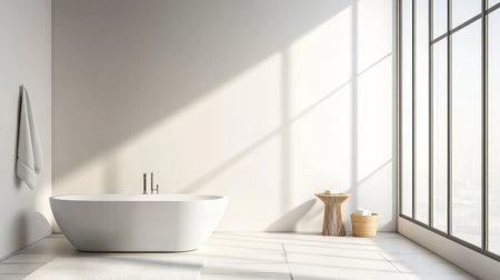 A minimalist bathroom with a sleek white bathtub, modern fixtures, and natural light pouring in through large windows. Clean lines and neutral tones create a calming spaceの素材