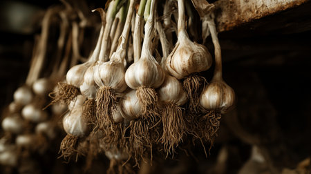 A high-resolution image of garlic bulbs hanging in a bunch, with their roots and stems still attached, drying in a rustic kitchen or storage area.の素材