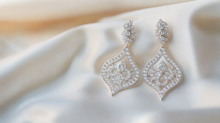 A pair of diamond earrings with intricate designs, resting on a white background. The clarity of the diamonds and the shine of the metal are perfectly captured in the clean setting.の素材