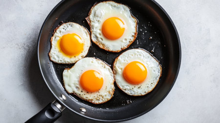A non-stick frying pan with eggs frying perfectly in the center, with the golden yolks standing out against the black pan surface.の素材