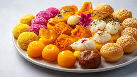 A platter of Indian sweets including gulab jamun, jalebi, and barfi, arranged beautifully on a white dish, showcasing the variety of textures and vibrant colors of traditional desserts.の素材