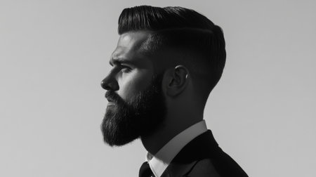 A profile shot of a man with a slicked-back pompadour hairstyle, with his beard neatly trimmed, exuding a classic yet stylish look.の素材