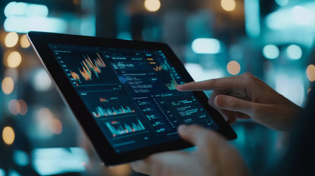 A professional financial advisor presenting a financial plan on a tablet, with charts and data clearly visible. The background is a sleek, modern office environment.の素材