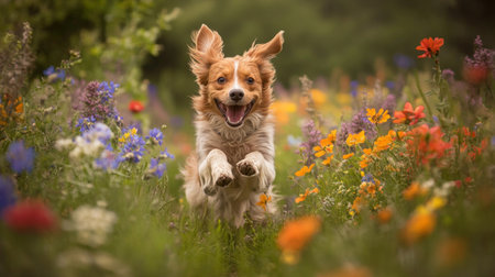 A playful photo of a dog bounding through a field of colorful wildflowers, with its fur and flowers creating a vibrant and cheerful contrast.の素材