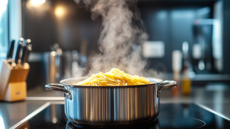 A sleek, modern kitchen with a large pot of pasta boiling on the stove, with the lid slightly ajar, and steam rising gently.の素材