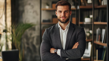 A professional portrait of a young male entrepreneur in a stylish office setting, with a clean, modern background and a confident, approachable demeanor.の素材