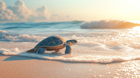 A sea turtle emerging from the ocean and making its way onto a sandy beach, with a backdrop of gentle waves and a clear, sunny sky.の素材