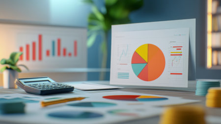 A set of financial pie charts displayed on a desk with financial documents and a calculator. Each chart shows different aspects of financial data, with a focus on clarity.の素材