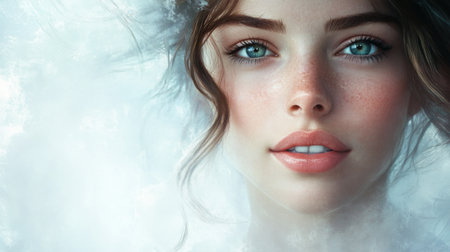 A serene portrait of a woman with radiant skin, large, expressive eyes, and a gentle smile, conveying softness and tranquility.の素材