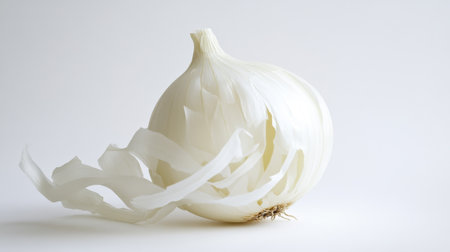 A single white onion with its outer layer partially peeled, showing the clean, smooth surface and crisp inner layers, set against a white background.の素材