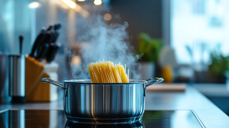 A sleek, modern kitchen with a large pot of pasta boiling on the stove, with the lid slightly ajar, and steam rising gently.の素材