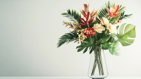 A tall, elegant glass vase with a sophisticated arrangement of tropical flowers and foliage, positioned on a white table with a clean, bright background.の素材