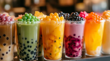 A variety of bubble tea flavors, including classic milk tea, matcha, and fruit-based teas, with colorful pearls and toppings in glass cups, beautifully arranged on a table.の素材