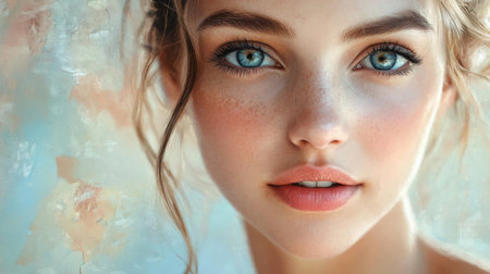 A serene portrait of a woman with radiant skin, large, expressive eyes, and a gentle smile, conveying softness and tranquility.の素材