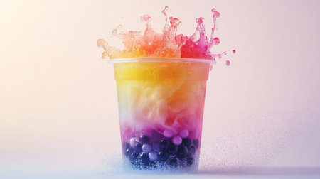 A transparent cup of bubble tea with colorful boba pearls, placed in the center of a white background, with the drink's layers and textures clearly defined.の素材