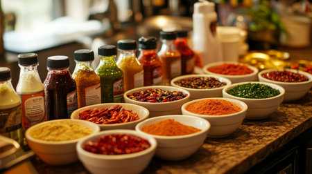 A variety of chili-based condiments--sauces, pastes, and powders--arranged beautifully on a kitchen counter, showcasing the range of spicy flavors available.の素材