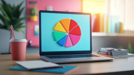 A vibrant 3D pie chart displayed on a sleek laptop screen, showing market share distribution with colorful segments. The workspace includes notebooks and a coffee cup, emphasizing productivity.の素材