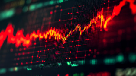 A stock market graph with red and green lines, showing fluctuating trends on a screen. The close-up emphasizes the volatile nature of financial markets.の素材
