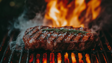 A sizzling steak being grilled on a barbecue, with flames and smoke in the background, highlighting the grilling process and the delicious sear.の素材