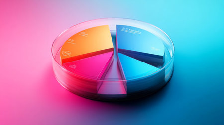 A sleek infographic featuring a 3D pie chart with transparent segments, layered over a gradient background. Icons and labels enhance the visual appeal, making the data easily understandable.の素材