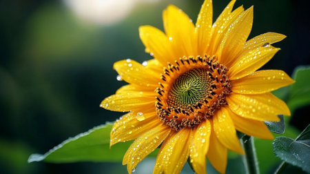 A single sunflower with dew drops on its bright yellow petals, captured in the morning light, with the droplets adding a fresh and lively touch.の素材