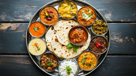 A traditional Indian thali with an assortment of curries, dal, roti, and pickles, beautifully arranged on a silver platter, showing the variety and richness of Indian cuisine.の素材