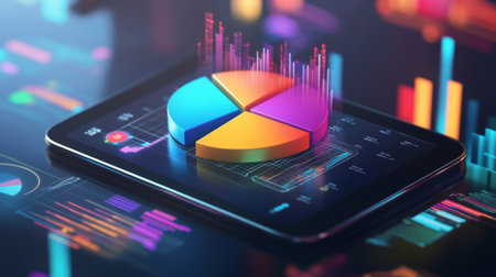 A vibrant 3D pie chart popping out of a tablet screen, showcasing interactive data analysis with colorful segments and percentages.の素材