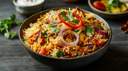 A vibrant bowl of vegetable biryani, garnished with fresh herbs and crispy fried onions, served with a side of raita and pickles. The colorful spices add a festive touch.の素材