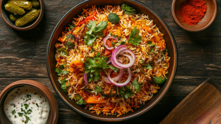A vibrant bowl of vegetable biryani, garnished with fresh herbs and crispy fried onions, served with a side of raita and pickles. The colorful spices add a festive touch.の素材