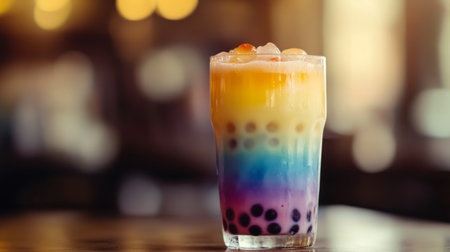 A vibrant close-up of a glass of bubble tea with pearls at the bottom, the colorful layers of tea, milk, and ice blending together, ready to be enjoyed.の素材
