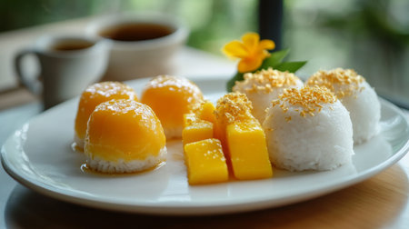 An assortment of traditional Thai sweets, including sticky rice with mango, coconut milk custard, and golden threads, elegantly displayed on a white plate.の素材