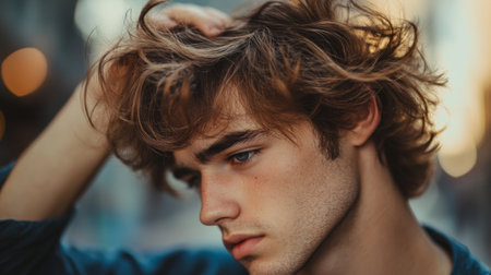 A young man running his fingers through his messy, tousled hairstyle, giving a relaxed, effortlessly stylish appearance.の素材