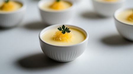 A visually appealing arrangement of "sangkhaya" (Thai coconut egg custard) in small cups, showcasing the rich, creamy texture against a plain white background.の素材
