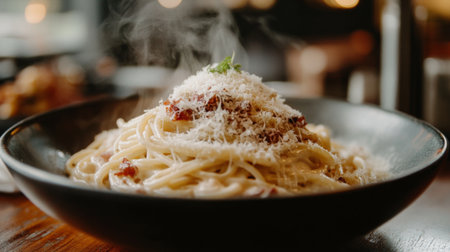 A close-up of a steaming bowl of classic spaghetti carbonara, with creamy sauce, crispy pancetta, and freshly grated Parmesan cheese, set on a rustic wooden table.の素材