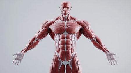 A 3D rendering of the human muscular system, featuring major muscle groups and their connections, set against a clean white backdrop for clarity.の素材