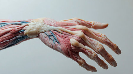 A close-up of a human hand with detailed veins and muscles visible, highlighting the complexity of the anatomy against a plain white backdrop.の素材