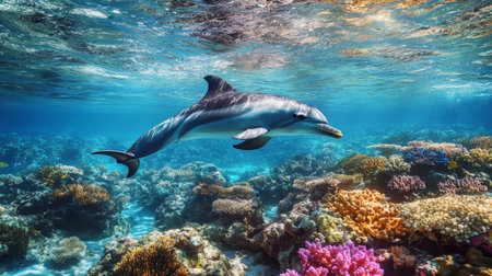 A dolphin swimming in a clear lagoon with vibrant coral and marine life visible below, showcasing the beauty of both the animal and its environment.の素材
