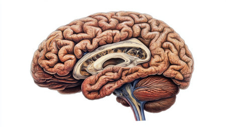 A digital illustration of the human brain, showcasing its intricate structures and major regions, set against a simple white background for a clear, educational view.の素材