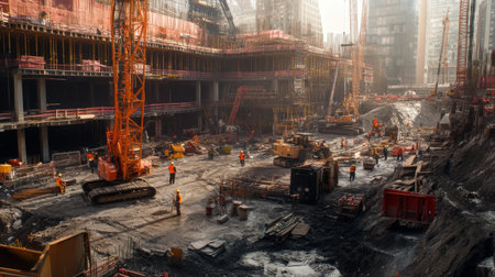 A dynamic scene of a construction site with cranes, heavy machinery, and workers in safety gear, capturing the hustle and progress of industrial development.の素材
